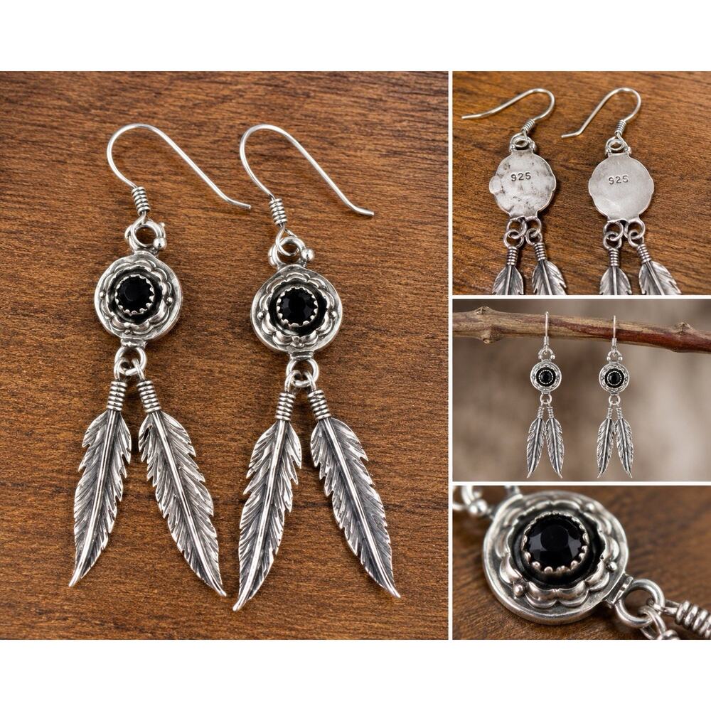 925 Sterling Silver Black Onyx Feather Dangle Earrings Southwestern Boho